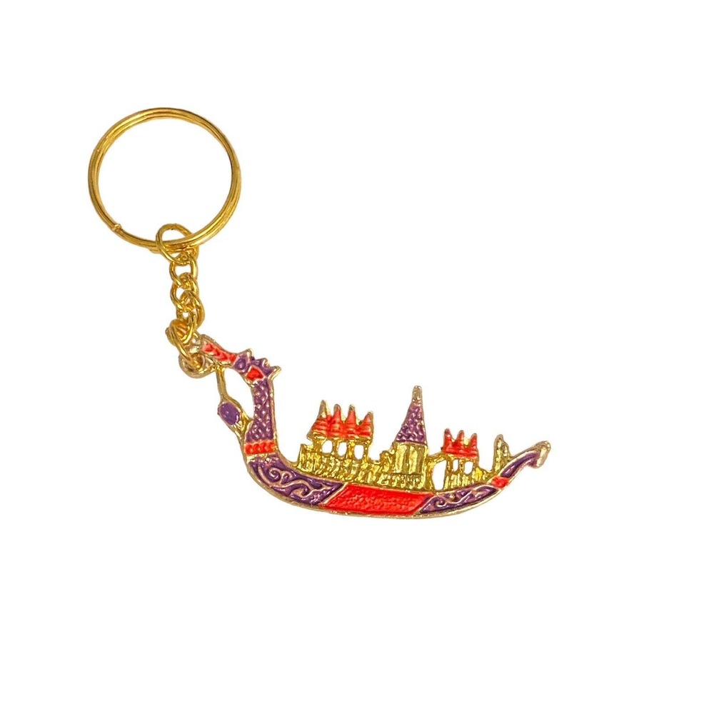 Chinese Dragonboat Keychain Painted Goldtone Souvenir Keyring Gift Purple Red